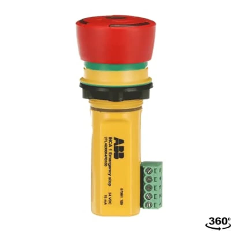 Emergency stop button for panel mounting, 22.5 mm holes, 2 NC contacts, status LED in button, terminal blocks.