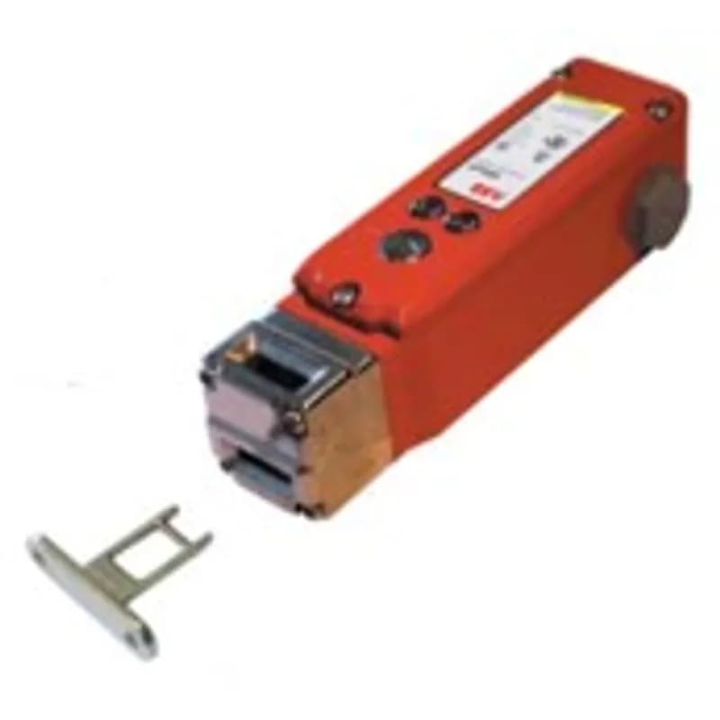 Mechanical Solenoid Safety interlock switch, die cast housing and stainless steel head, spring lock (power to unlock), 2000N holding force. 230VAC coil, 2NC+ 1NO(locked)+2NC+ 1NO (actuator inserted). 3x 1/2NPT conduit entries. Delivered with standard key.