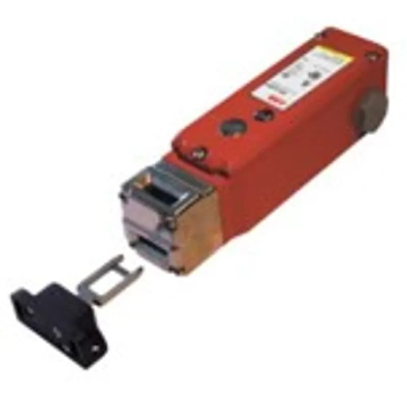 Mechanical Solenoid Safety interlock switch, die cast housing and stainless steel head, electro-magnetic lock (power to lock), 2000N holding force. 230VAC coil, 2NC(locked)+2NC(actuator inserted). 3x 1/2NPT conduit entries. Delivered with no key.