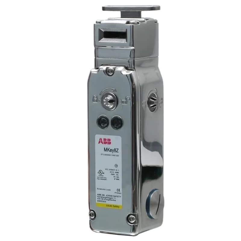 Mechanical Solenoid Safety interlock switch, stainless steel housing and head, spring lock (power to unlock), 2000N holding force. 24VDC coil, 2NC+ 1NO(locked)+2NC+ 1NO (actuator inserted). 3x 1/2NPT conduit entries. Delivered with metal flex key.