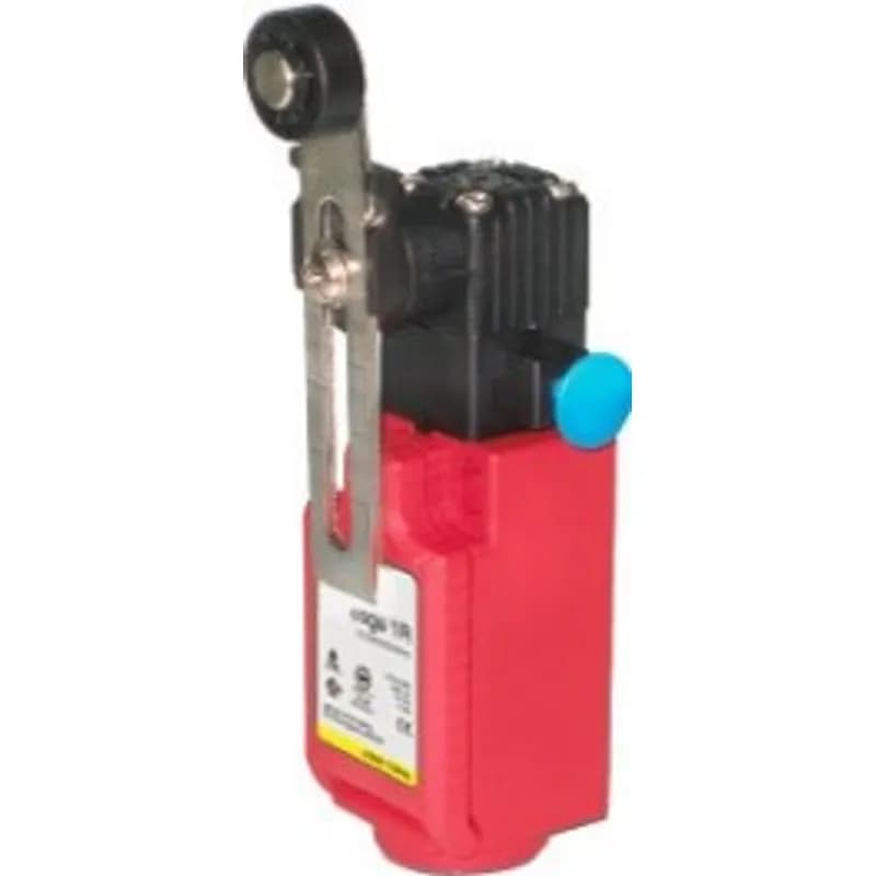 Safety limit switch with reset, 2NC + 1NO contacts, 1/2NPT conduit entry, plastic, with adjustable roller lever.