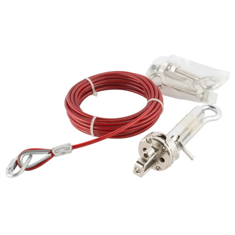 ABB - Electrification 2TLA050210R0030 - 5m Galvanized rope pull kit. Includes 5m Wire (One end is terminated with thimble and permanent clamp), 5 pcs Eyebolts, 1 pcs Tensioner, 1 pcs Allen Key, 1 pcs QuickLink.