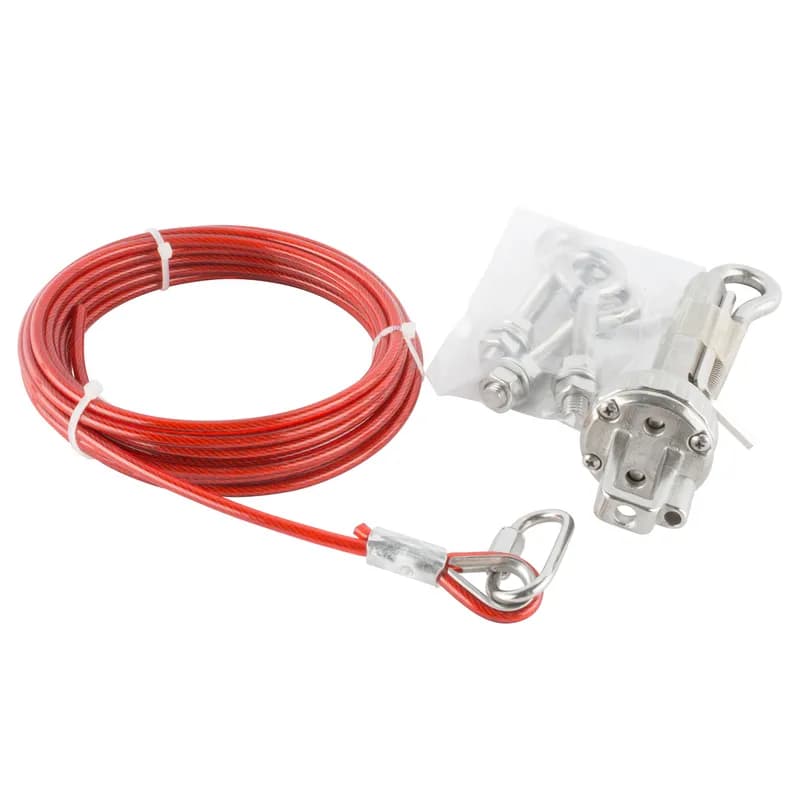 ABB - Electrification 2TLA050210R0020 - 5m Stainless Steel rope pull kit. Includes 5m Wire (One end is terminated with thimble and permanent clamp), 5 pcs Eyebolts, 1 pcs Tensioner, 1 pcs Allen Key, 1 pcs QuickLink.