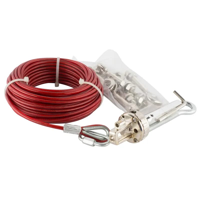 ABB - Electrification 2TLA050210R0230 - 15m Galvanized rope pull kit. Includes 10m Wire (One end is terminated with thimble and permanent clamp), 5 pcs Eyebolts, 1 pcs Tensioner, 1 pcs Allen Key, 1 pcs QuickLink.