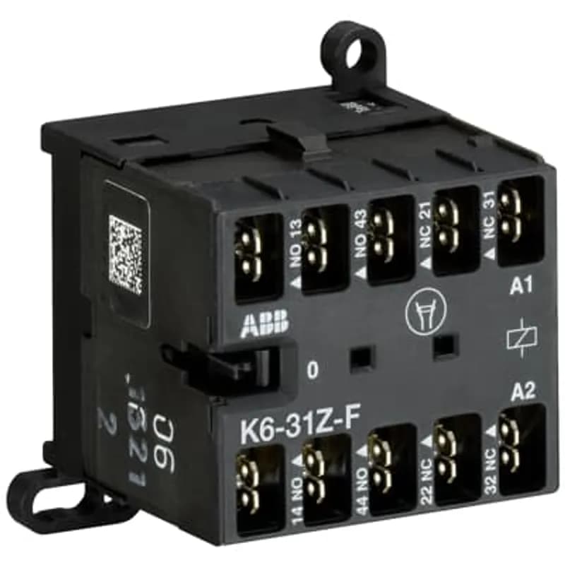The K6-31Z-F mini contactor relay is a compact 4 pole contactor relay with flat pin connection. They are ideally suited for applications where reliability is a must and space is at a premium. Mini contactors relays are used in residential buldings, commercial buildings and industrial applications for switching of control signals up to 3 A / 400 V (AC-15). Further features are the silent coil, a switch position indication and the integrated possibility for rail or wall mounting.