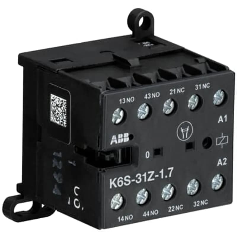The K6S-31Z mini contactor relay is a compact 4 pole contactor relay with screw terminals. They are ideally suited for applications where reliability is a must and space is at a premium. Mini contactors relays are used in residential buldings, commercial buildings and industrial applications for switching of control signals up to 3 A / 400 V (AC-15). Due to the low coil consumption, this device can be directly controlled by a PLC. Further features are the noiseless and hum-free coil, the integrated protective circuit with diodes and additional overvoltage protection, a switch position indication and the integrated possibility for rail or wall mounting.