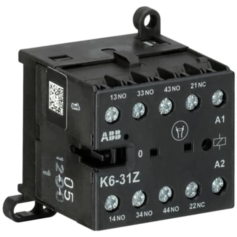 The K6-31Z mini contactor relay is a compact 4 pole contactor relay with screw terminals. They are ideally suited for applications where reliability is a must and space is at a premium. Mini contactors relays are used in residential buldings, commercial buildings and industrial applications for switching of control signals up to 3 A / 400 V (AC-15). Further features are the silent coil, a switch position indication and the integrated possibility for rail or wall mounting.