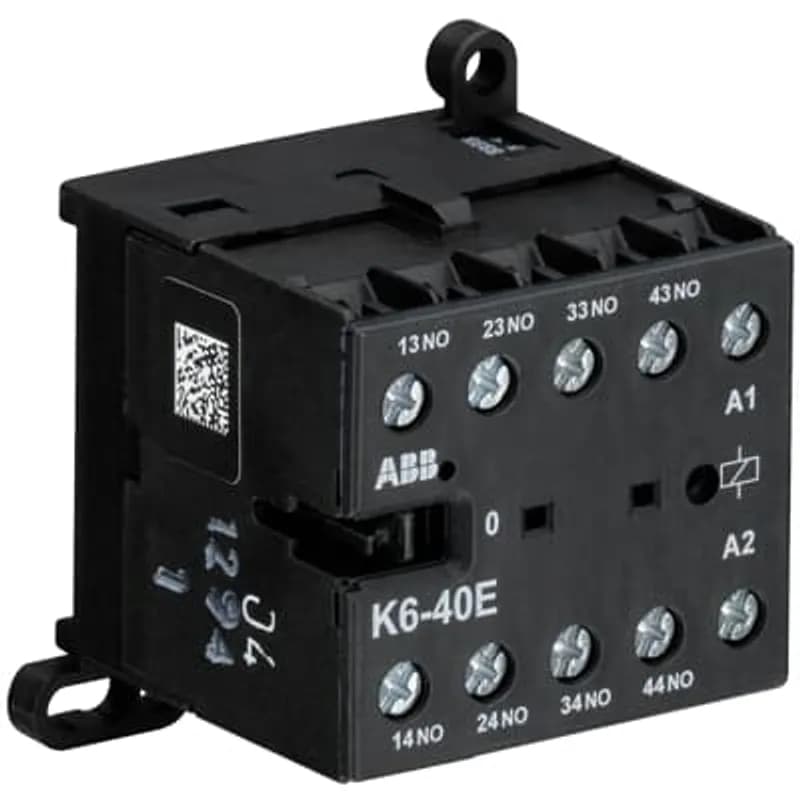 The K6-40E mini contactor relay is a compact 4 pole contactor relay with screw terminals. They are ideally suited for applications where reliability is a must and space is at a premium. Mini contactors relays are used in residential buldings, commercial buildings and industrial applications for switching of control signals up to 3 A / 400 V (AC-15). Further features are the silent coil, a switch position indication and the integrated possibility for rail or wall mounting.
