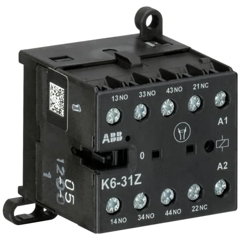 ABB - Electrification K6-31Z-01 - The K6-31Z mini contactor relay is a compact 4 pole contactor relay with screw terminals. They are ideally suited for applications where reliability is a must and space is at a premium. Mini contactors relays are used in residential buldings, commercial buildings and industrial applications for switching of control signals up to 3 A / 400 V (AC-15). Further features are the silent coil, a switch position indication and the integrated possibility for rail or wall mounting.