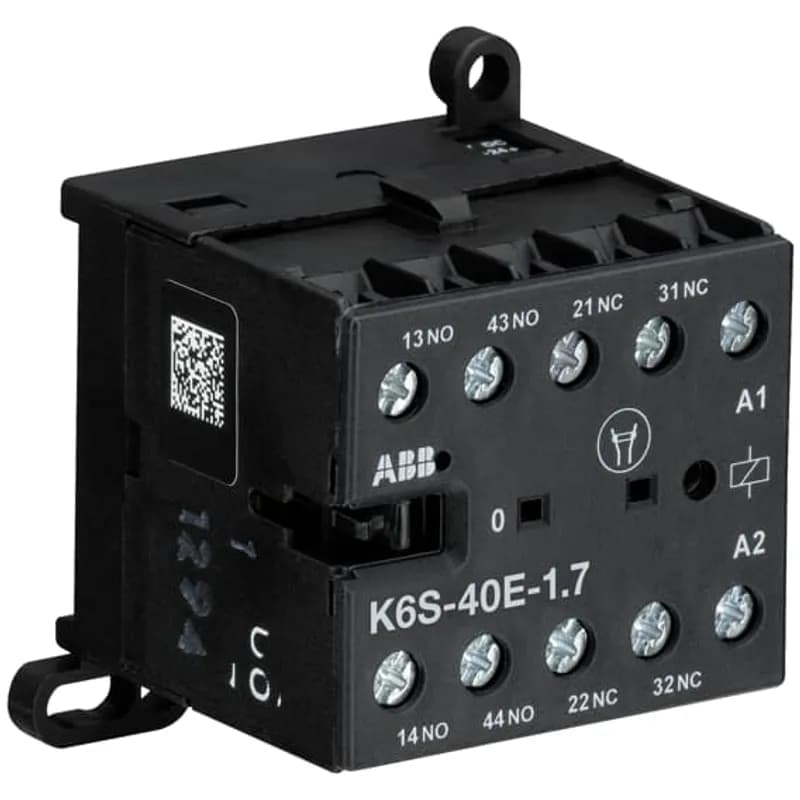 ABB - Electrification K6S-40E-1.7 - The K6S-40E mini contactor relay is a compact 4 pole contactor relay with screw terminals. They are ideally suited for applications where reliability is a must and space is at a premium. Mini contactors relays are used in residential buldings, commercial buildings and industrial applications for switching of control signals up to 3 A / 400 V (AC-15). Due to the low coil consumption, this device can be directly controlled by a PLC. Further features are the noiseless and hum-free coil, the integrated protective circuit with diodes and additional overvoltage protection, a switch position indication and the integrated possibility for rail or wall mounting.