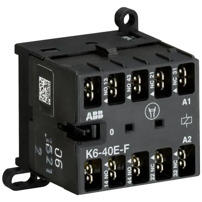 The K6-40E-F mini contactor relay is a compact 4 pole contactor relay with flat pin connection. They are ideally suited for applications where reliability is a must and space is at a premium. Mini contactors relays are used in residential buldings, commercial buildings and industrial applications for switching of control signals up to 3 A / 400 V (AC-15). Further features are the silent coil, a switch position indication and the integrated possibility for rail or wall mounting.