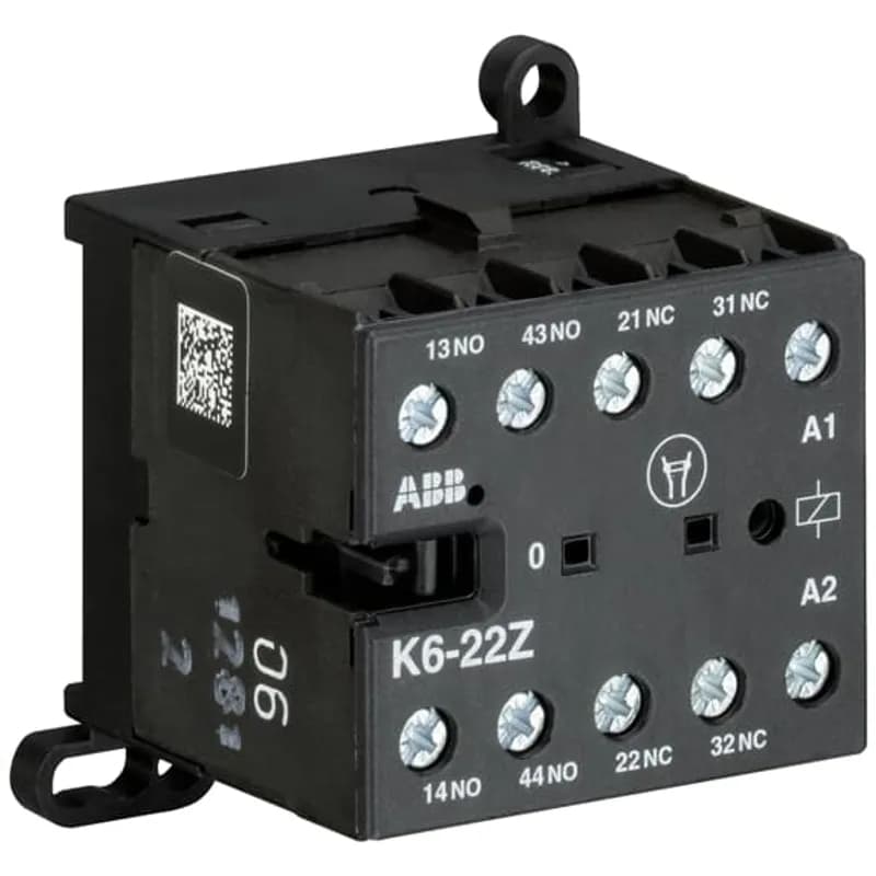 The K6-22Z mini contactor relay is a compact 4 pole contactor relay with screw terminals. They are ideally suited for applications where reliability is a must and space is at a premium. Mini contactors relays are used in residential buldings, commercial buildings and industrial applications for switching of control signals up to 3 A / 400 V (AC-15). Further features are the silent coil, a switch position indication and the integrated possibility for rail or wall mounting.