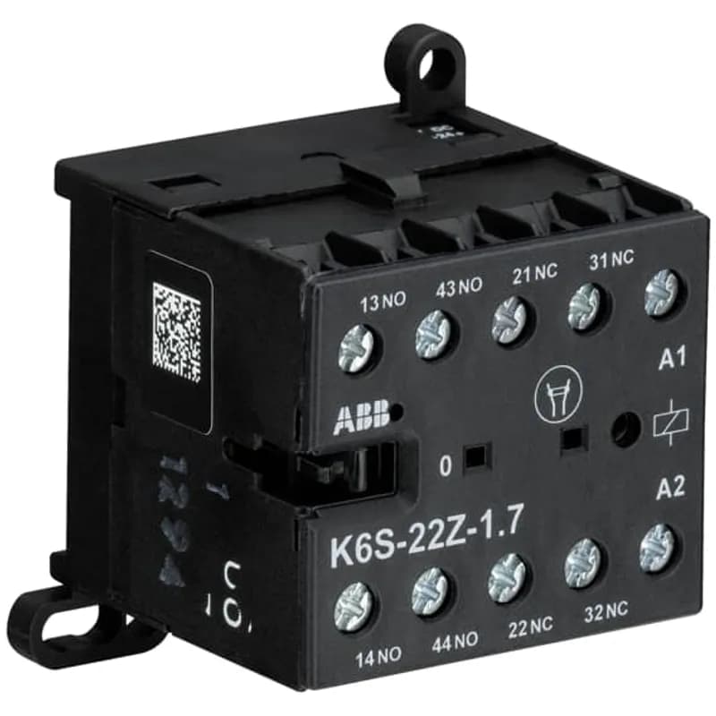 The K6S-22Z mini contactor relay is a compact 4 pole contactor relay with screw terminals. They are ideally suited for applications where reliability is a must and space is at a premium. Mini contactors relays are used in residential buldings, commercial buildings and industrial applications for switching of control signals up to 3 A / 400 V (AC-15). Due to the low coil consumption, this device can be directly controlled by a PLC. Further features are the noiseless and hum-free coil, the integrated protective circuit with diodes and additional overvoltage protection, a switch position indication and the integrated possibility for rail or wall mounting.