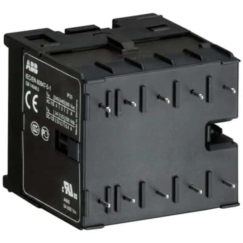 ABB - Electrification K6-40E-P-84 - The K6-40E-P mini contactor relay is a compact 4 pole contactor relay with soldering pins. They are ideally suited for applications where reliability is a must and space is at a premium. Mini contactors relays are used in residential buldings, commercial buildings and industrial applications for switching of control signals up to 3 A / 400 V (AC-15). Further features are the silent coil, a switch position indication and the integrated possibility for rail mounting.