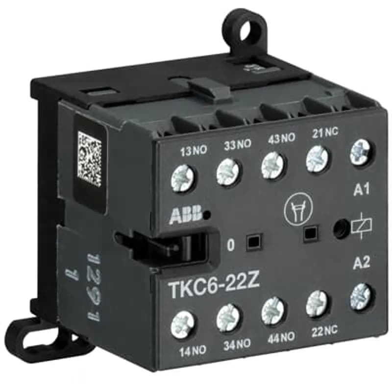 The TKC6-22Z mini contactor relay is a compact 4 pole contactor relay with screw terminals. They are ideally suited for applications where reliability is a must and space is at a premium. Mini contactors relays are used in residential buldings, commercial buildings and industrial applications for switching of control signals up to 3 A / 400 V (AC-15). Further features are the noiseless and hum-free coil and a a switch position indication.