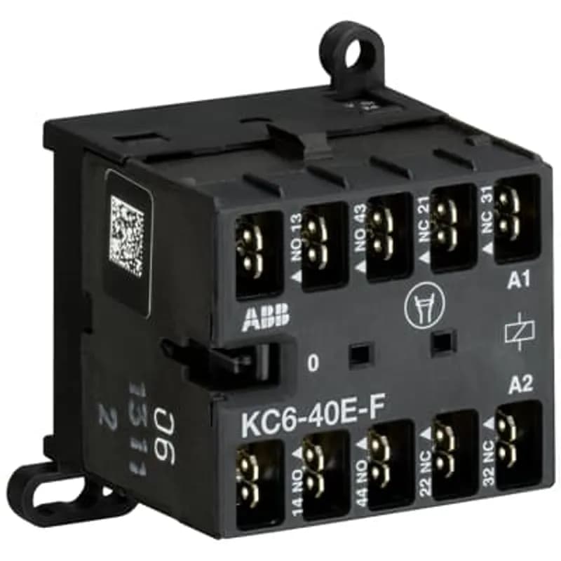 ABB - Electrification KC6-40E-F-01 - The KC6-40E-F mini contactor relay is a compact 4 pole contactor relay with flat pin connection. They are ideally suited for applications where reliability is a must and space is at a premium. Mini contactors relays are used in residential buldings, commercial buildings and industrial applications for switching of control signals up to 3 A / 400 V (AC-15). Further features are the noiseless and hum-free coil and a a switch position indication.