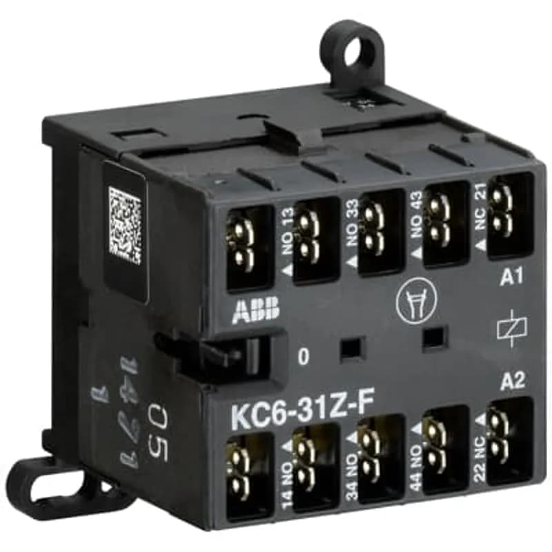 ABB - Electrification KC6-31Z-F-04 - The KC6-31Z-F mini contactor relay is a compact 4 pole contactor relay with flat pin connection. They are ideally suited for applications where reliability is a must and space is at a premium. Mini contactors relays are used in residential buldings, commercial buildings and industrial applications for switching of control signals up to 3 A / 400 V (AC-15). Further features are the noiseless and hum-free coil and a a switch position indication.