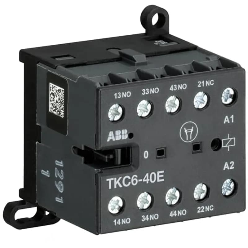 The TKC6-40E mini contactor relay is a compact 4 pole contactor relay with screw terminals. They are ideally suited for applications where reliability is a must and space is at a premium. Mini contactors relays are used in residential buldings, commercial buildings and industrial applications for switching of control signals up to 3 A / 400 V (AC-15). Further features are the noiseless and hum-free coil and a a switch position indication.