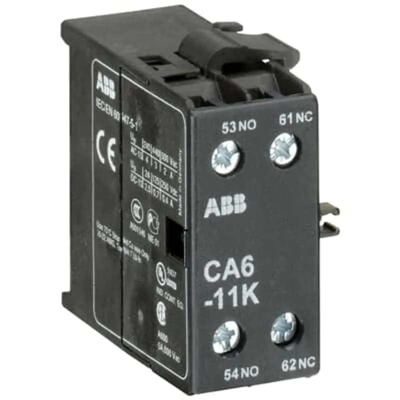 CA6-11K is an auxiliary contact for side with 2 auxiliary contact and screw terminals.