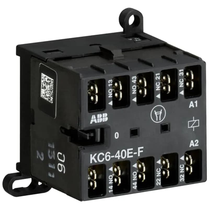 ABB - Electrification KC6-40E-F-1.4 - The KC6-40E-F mini contactor relay is a compact 4 pole contactor relay with flat pin connection. They are ideally suited for applications where reliability is a must and space is at a premium. Mini contactors relays are used in residential buldings, commercial buildings and industrial applications for switching of control signals up to 3 A / 400 V (AC-15). Due to the low coil consumption, this device can be directly controlled by a PLC. Further features are the noiseless and hum-free coil and a a switch position indication.