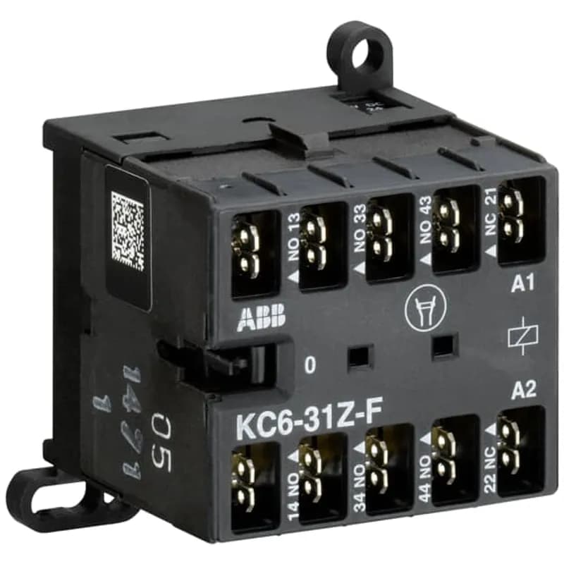 ABB - Electrification KC6-31Z-F-05 - The KC6-31Z-F mini contactor relay is a compact 4 pole contactor relay with flat pin connection. They are ideally suited for applications where reliability is a must and space is at a premium. Mini contactors relays are used in residential buldings, commercial buildings and industrial applications for switching of control signals up to 3 A / 400 V (AC-15). Further features are the noiseless and hum-free coil and a a switch position indication.