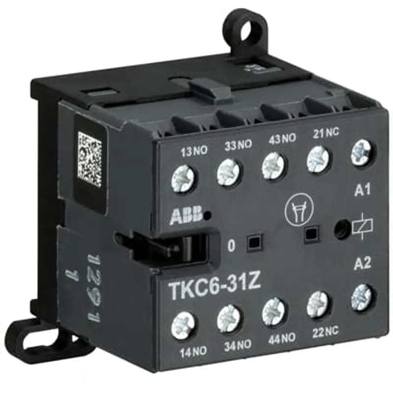 The TKC6-31Z mini contactor relay is a compact 4 pole contactor relay with screw terminals. They are ideally suited for applications where reliability is a must and space is at a premium. Mini contactors relays are used in residential buldings, commercial buildings and industrial applications for switching of control signals up to 3 A / 400 V (AC-15). Further features are the noiseless and hum-free coil and a a switch position indication.