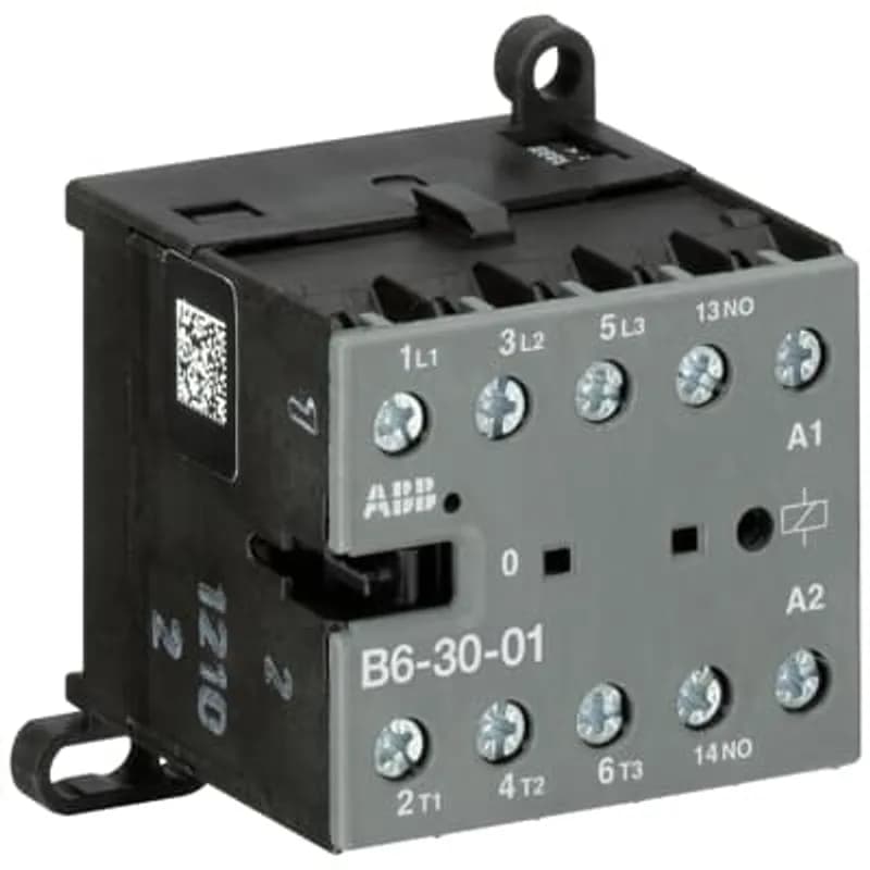 ABB - Electrification B6-30-01-85 - The B6-30-01 mini contactor is a compact 3 pole contactor with 1 auxiliary contact and screw terminals. They are ideally suited for applications where reliability is a must and space is at a premium. Mini contactors are used in residential buldings, commercial buildings and industrial applications for the control of single or three-phase loads up to 4 kW (AC-3) and 20 A / 690 V (AC-1) or switching of control signals. Further features are the silent coil, a switch position indication and the integrated possibility for rail or wall mounting.