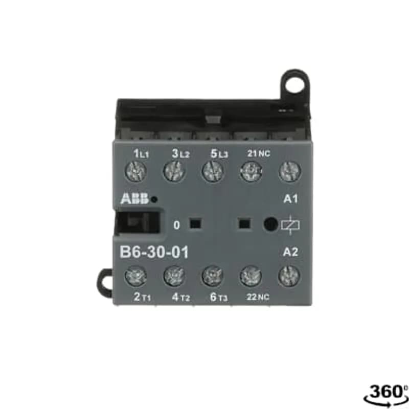 ABB - Electrification B6-30-01-03 - The B6-30-01 mini contactor is a compact 3 pole contactor with 1 auxiliary contact and screw terminals. They are ideally suited for applications where reliability is a must and space is at a premium. Mini contactors are used in residential buldings, commercial buildings and industrial applications for the control of single or three-phase loads up to 4 kW (AC-3) and 20 A / 690 V (AC-1) or switching of control signals. Further features are the silent coil, a switch position indication and the integrated possibility for rail or wall mounting.