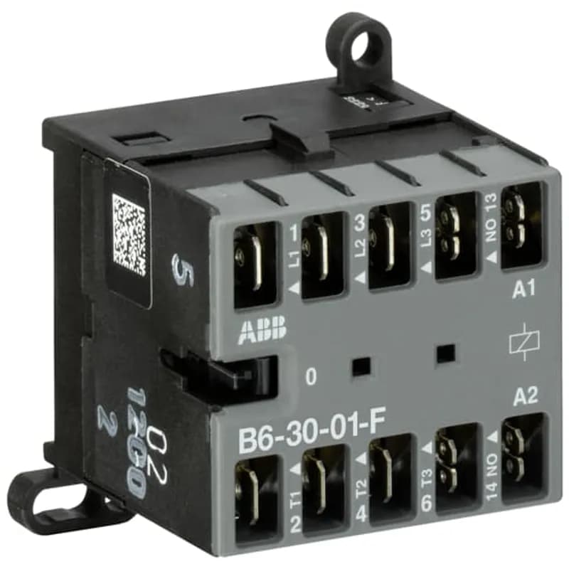 The B6-30-01-F mini contactor is a compact 3 pole contactor with 1 auxiliary contact and flat pin connection. They are ideally suited for applications where reliability is a must and space is at a premium. Mini contactors are used in residential buldings, commercial buildings and industrial applications for the control of single or three-phase loads up to 4 kW (AC-3) and 20 A / 690 V (AC-1) or switching of control signals. Further features are the silent coil, a switch position indication and the integrated possibility for rail or wall mounting.