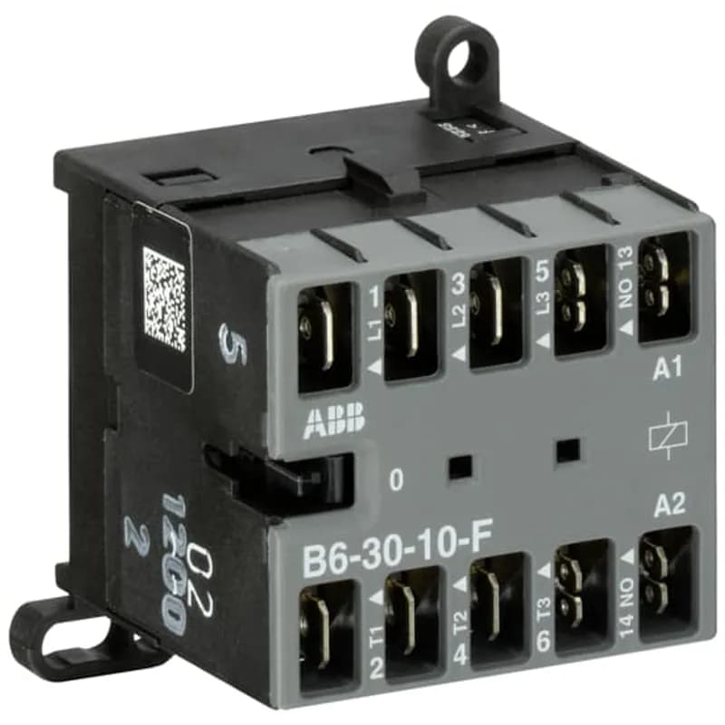 The B6-30-10-F mini contactor is a compact 3 pole contactor with 1 auxiliary contact and flat pin connection. They are ideally suited for applications where reliability is a must and space is at a premium. Mini contactors are used in residential buldings, commercial buildings and industrial applications for the control of single or three-phase loads up to 4 kW (AC-3) and 20 A / 690 V (AC-1) or switching of control signals. Further features are the silent coil, a switch position indication and the integrated possibility for rail or wall mounting.