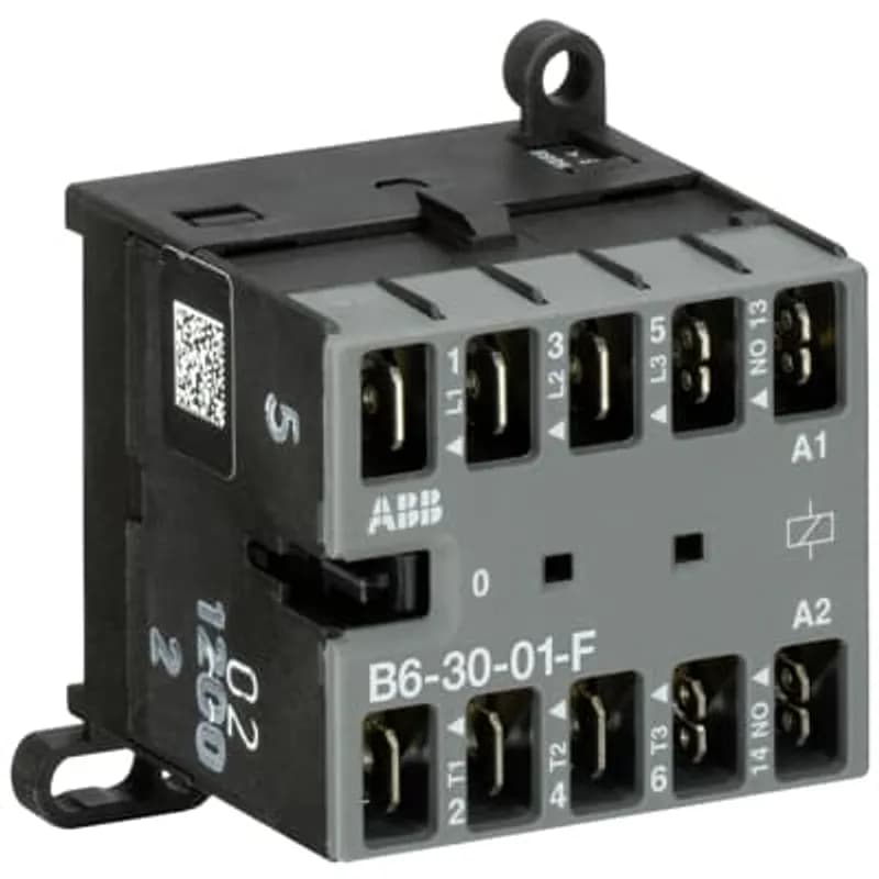 The B6-30-01-F mini contactor is a compact 3 pole contactor with 1 auxiliary contact and flat pin connection. They are ideally suited for applications where reliability is a must and space is at a premium. Mini contactors are used in residential buldings, commercial buildings and industrial applications for the control of single or three-phase loads up to 4 kW (AC-3) and 20 A / 690 V (AC-1) or switching of control signals. Further features are the silent coil, a switch position indication and the integrated possibility for rail or wall mounting.