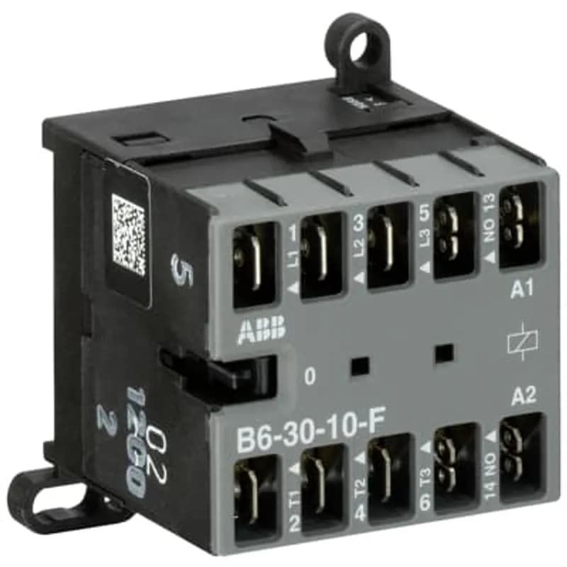 The B6-30-10-F mini contactor is a compact 3 pole contactor with 1 auxiliary contact and flat pin connection. They are ideally suited for applications where reliability is a must and space is at a premium. Mini contactors are used in residential buldings, commercial buildings and industrial applications for the control of single or three-phase loads up to 4 kW (AC-3) and 20 A / 690 V (AC-1) or switching of control signals. Further features are the silent coil, a switch position indication and the integrated possibility for rail or wall mounting.