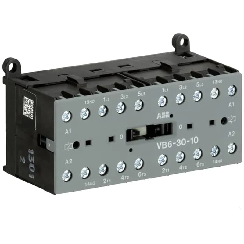 The VB6-30-10 mini reversing contactor is a compact 3 pole contactor with 1 auxiliary contact, screw terminals and normal mechanical interlock. They are ideally suited for applications where reliability is a must and space is at a premium. Mini reversing contactors are used in residential buldings, commercial buildings and industrial applications for the control of three-phase motor loads up to 4 kW (AC-3). Further features are the silent coil, a switch position indication and the integrated possibility for rail or wall mounting.