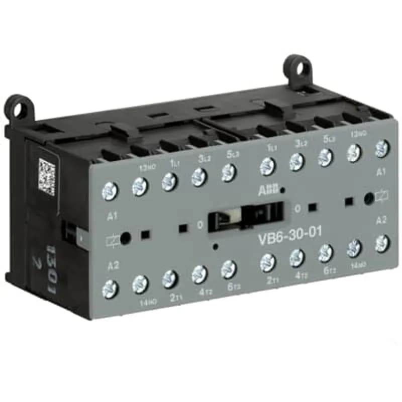 The VB6-30-01 mini reversing contactor is a compact 3 pole contactor with 1 auxiliary contact, screw terminals and normal mechanical interlock. They are ideally suited for applications where reliability is a must and space is at a premium. Mini reversing contactors are used in residential buldings, commercial buildings and industrial applications for the control of three-phase motor loads up to 4 kW (AC-3). Further features are the silent coil, a switch position indication and the integrated possibility for rail or wall mounting.
