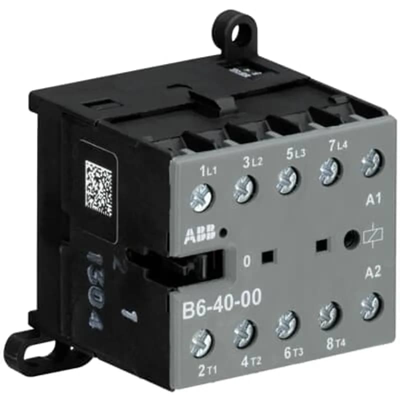 The B6-40-00 mini contactor is a compact 4 pole contactor with screw terminals. They are ideally suited for applications where reliability is a must and space is at a premium. Mini contactors are used in residential buldings, commercial buildings and industrial applications for the control of single or three-phase loads up to 4 kW (AC-3) and 20 A / 690 V (AC-1) or switching of control signals. Further features are the silent coil, a switch position indication and the integrated possibility for rail or wall mounting.