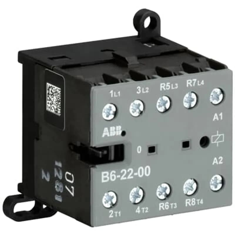 The B6-22-00 mini contactor is a compact 4 pole contactor with screw terminals. They are ideally suited for applications where reliability is a must and space is at a premium. Mini contactors are used in residential buldings, commercial buildings and industrial applications for the control of single or three-phase loads up to 4 kW (AC-3) and 20 A / 690 V (AC-1) or switching of control signals. Further features are the silent coil, a switch position indication and the integrated possibility for rail or wall mounting.