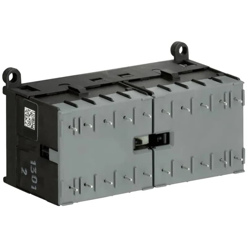 ABB - Electrification VB7-30-10-P-80 - The VB7-30-10-P mini reversing contactor is a compact 3 pole contactor with 1 auxiliary contact, soldering pins and normal mechanical interlock. They are ideally suited for applications where reliability is a must and space is at a premium. Mini reversing contactors are used in residential buldings, commercial buildings and industrial applications for the control of three-phase motor loads up to 5.5 kW (AC-3). Further features are the silent coil, a switch position indication and the integrated possibility for rail mounting.