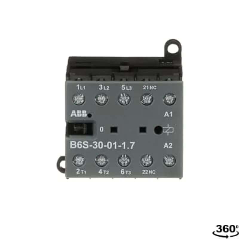 The B6S-30-01 mini contactor is a compact 3 pole contactor with 1 auxiliary contact and screw terminals. They are ideally suited for applications where reliability is a must and space is at a premium. Mini contactors are used in residential buldings, commercial buildings and industrial applications for the control of single or three-phase loads up to 4 kW (AC-3) and 20 A / 690 V (AC-1) or switching of control signals. Due to the low coil consumption, this device can be directly controlled by a PLC. Further features are the noiseless and hum-free coil, the integrated protective circuit with diodes and additional overvoltage protection, a switch position indication and the integrated possibility for rail or wall mounting.