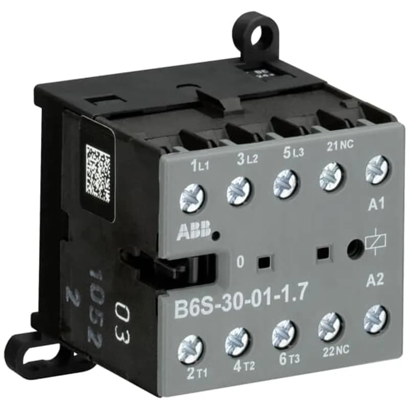 The B6S-30-01 mini contactor is a compact 3 pole contactor with 1 auxiliary contact and screw terminals. They are ideally suited for applications where reliability is a must and space is at a premium. Mini contactors are used in residential buldings, commercial buildings and industrial applications for the control of single or three-phase loads up to 4 kW (AC-3) and 20 A / 690 V (AC-1) or switching of control signals. Due to the low coil consumption, this device can be directly controlled by a PLC. Further features are the noiseless and hum-free coil, the integrated protective circuit with diodes and additional overvoltage protection, a switch position indication and the integrated possibility for rail or wall mounting.