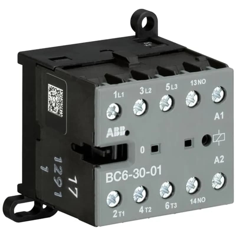 ABB - Electrification BC6-30-01-07 - The BC6-30-01 mini contactor is a compact 3 pole contactor with 1 auxiliary contact and screw terminals. They are ideally suited for applications where reliability is a must and space is at a premium. Mini contactors are used in residential buldings, commercial buildings and industrial applications for the control of single or three-phase loads up to 4 kW (AC-3) and 20 A / 690 V (AC-1) or switching of control signals. Further features are the noiseless and hum-free coil, a switch position indication and the integrated possibility for rail or wall mounting.