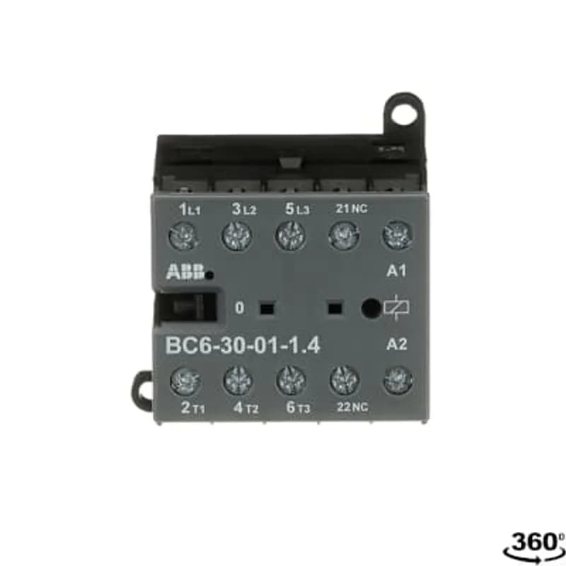 The BC6-30-01 mini contactor is a compact 3 pole contactor with 1 auxiliary contact and screw terminals. They are ideally suited for applications where reliability is a must and space is at a premium. Mini contactors are used in residential buldings, commercial buildings and industrial applications for the control of single or three-phase loads up to 4 kW (AC-3) and 20 A / 690 V (AC-1) or switching of control signals. Due to the low coil consumption, this device can be directly controlled by a PLC. Further features are the noiseless and hum-free coil, a switch position indication and the integrated possibility for rail or wall mounting.