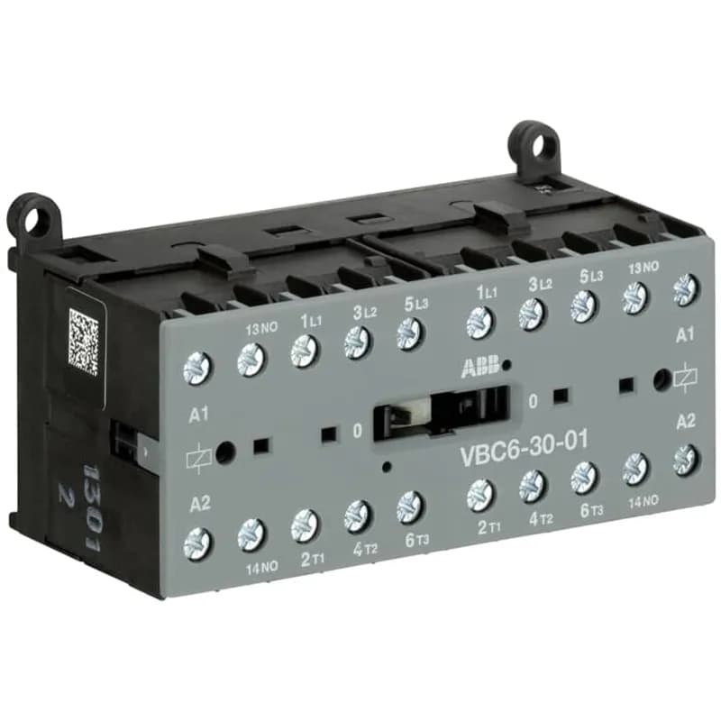 The VBC6-30-01 mini reversing contactor is a compact 3 pole contactor with 1 auxiliary contact, screw terminals and normal mechanical interlock. They are ideally suited for applications where reliability is a must and space is at a premium. Mini reversing contactors are used in residential buldings, commercial buildings and industrial applications for the control of three-phase motor loads up to 4 kW (AC-3). Further features are the noiseless and hum-free coil, a a switch position indication and the integrated possibility for rail or wall mounting.