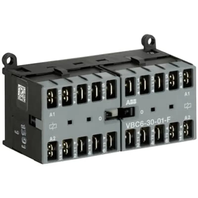 The VBC6-30-01-F mini reversing contactor is a compact 3 pole contactor with 1 auxiliary contact, flat pin connection and normal mechanical interlock. They are ideally suited for applications where reliability is a must and space is at a premium. Mini reversing contactors are used in residential buldings, commercial buildings and industrial applications for the control of three-phase motor loads up to 4 kW (AC-3). Further features are the noiseless and hum-free coil, a a switch position indication and the integrated possibility for rail or wall mounting.