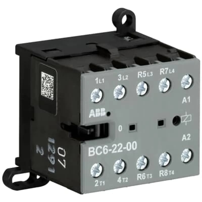 The BC6-22-00 mini contactor is a compact 4 pole contactor with screw terminals. They are ideally suited for applications where reliability is a must and space is at a premium. Mini contactors are used in residential buldings, commercial buildings and industrial applications for the control of single or three-phase loads up to 4 kW (AC-3) and 20 A / 690 V (AC-1) or switching of control signals. Further features are the noiseless and hum-free coil, a switch position indication and the integrated possibility for rail or wall mounting.