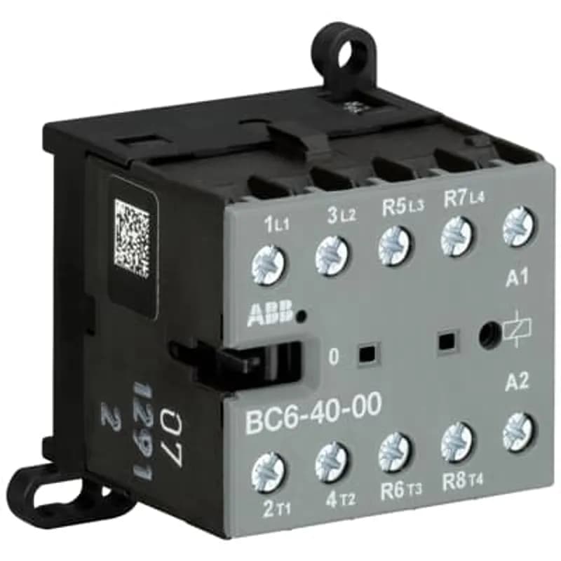 The BC6-40-00 mini contactor is a compact 4 pole contactor with screw terminals. They are ideally suited for applications where reliability is a must and space is at a premium. Mini contactors are used in residential buldings, commercial buildings and industrial applications for the control of single or three-phase loads up to 4 kW (AC-3) and 20 A / 690 V (AC-1) or switching of control signals. Further features are the noiseless and hum-free coil, a switch position indication and the integrated possibility for rail or wall mounting.