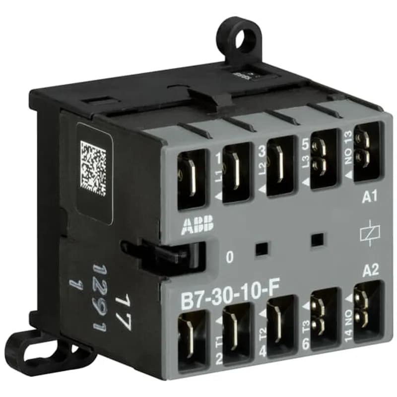ABB - Electrification B7-30-10-F-84 - The B7-30-10-F mini contactor is a compact 3 pole contactor with 1 auxiliary contact and flat pin connection. They are ideally suited for applications where reliability is a must and space is at a premium. Mini contactors are used in residential buldings, commercial buildings and industrial applications for the control of single or three-phase loads up to 5.5 kW (AC-3) and 20 A / 690 V (AC-1) or switching of control signals. Further features are the silent coil, a switch position indication and the integrated possibility for rail or wall mounting.