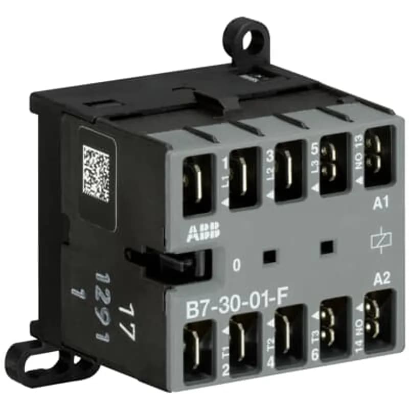 The B7-30-01-F mini contactor is a compact 3 pole contactor with 1 auxiliary contact and flat pin connection. They are ideally suited for applications where reliability is a must and space is at a premium. Mini contactors are used in residential buldings, commercial buildings and industrial applications for the control of single or three-phase loads up to 5.5 kW (AC-3) and 20 A / 690 V (AC-1) or switching of control signals. Further features are the silent coil, a switch position indication and the integrated possibility for rail or wall mounting.