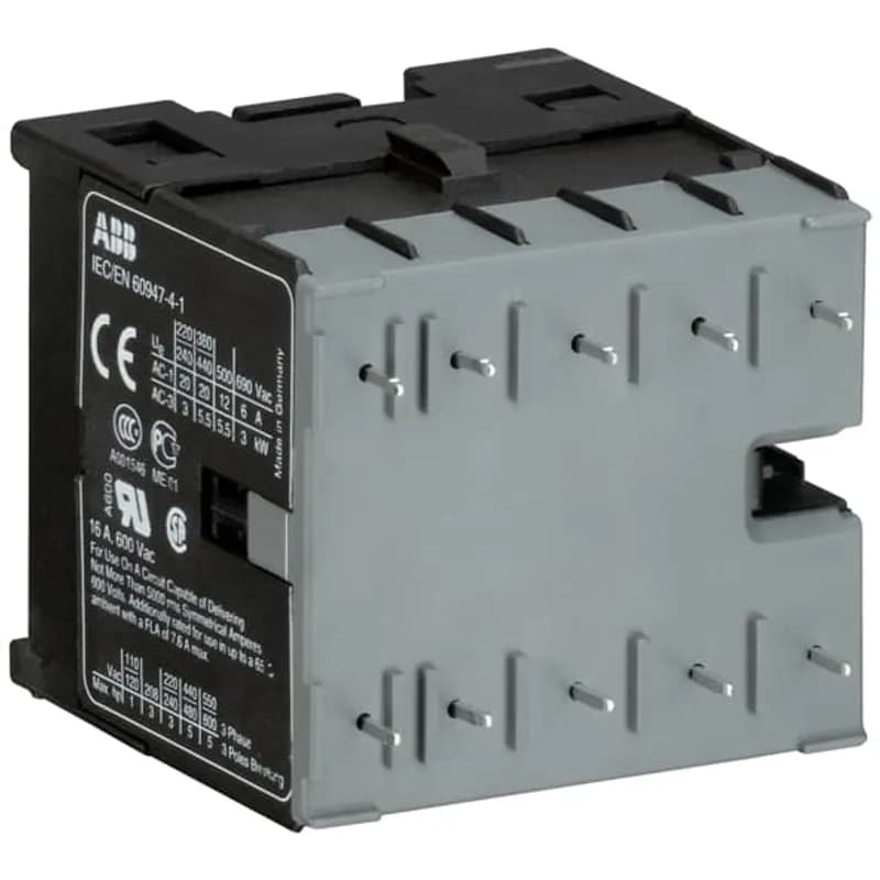 The B7-40-00-P mini contactor is a compact 4 pole contactor with soldering pins. They are ideally suited for applications where reliability is a must and space is at a premium. Mini contactors are used in residential buldings, commercial buildings and industrial applications for the control of single or three-phase loads up to 5.5 kW (AC-3) and 20 A / 690 V (AC-1) or switching of control signals. Further features are the silent coil, a switch position indication and the integrated possibility for rail mounting.