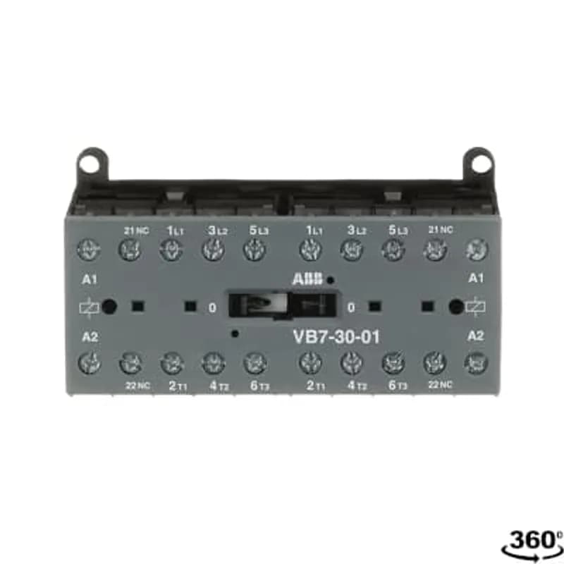 ABB - Electrification VB7-30-01-80 - The VB7-30-01 mini reversing contactor is a compact 3 pole contactor with 1 auxiliary contact, screw terminals and normal mechanical interlock. They are ideally suited for applications where reliability is a must and space is at a premium. Mini reversing contactors are used in residential buldings, commercial buildings and industrial applications for the control of three-phase motor loads up to 5.5 kW (AC-3). Further features are the silent coil, a switch position indication and the integrated possibility for rail or wall mounting.