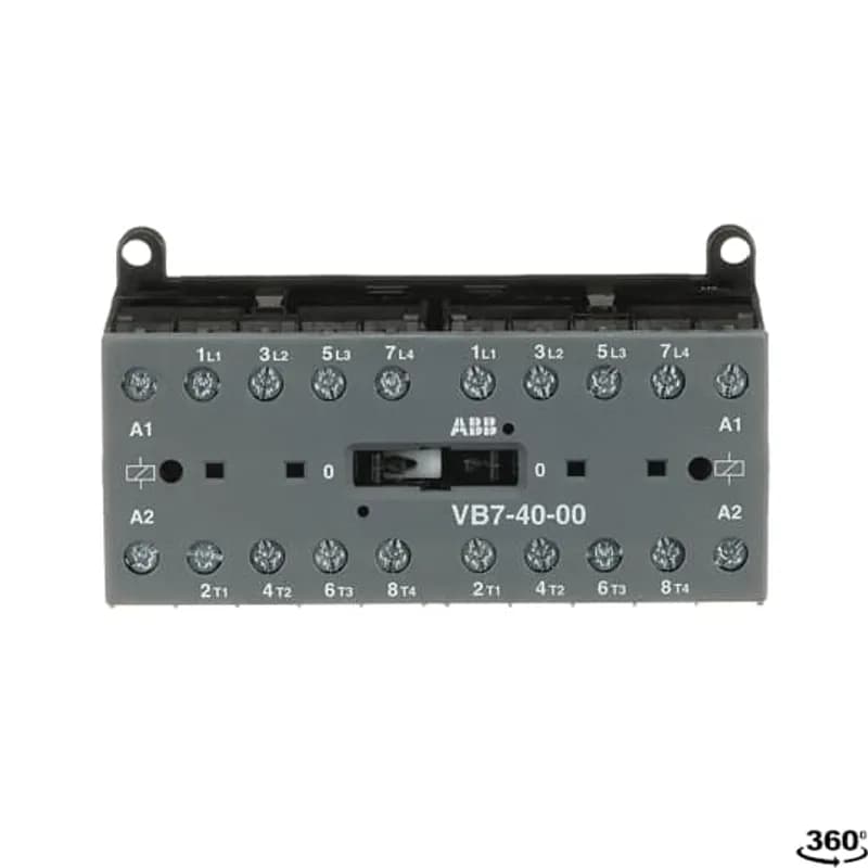 The VB7-40-00 mini reversing contactor is a compact 4 pole contactor with screw terminals and normal mechanical interlock. They are ideally suited for applications where reliability is a must and space is at a premium. Mini reversing contactors are used in residential buldings, commercial buildings and industrial applications for the control of three-phase motor loads up to 5.5 kW (AC-3). Further features are the silent coil, a switch position indication and the integrated possibility for rail or wall mounting.